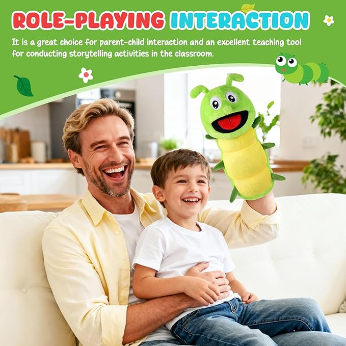 Animal Hand Puppets 11 Inch Insect Plush Ladybug Ant Dragonfly Caterpillar Puppet Toys Role-Play Puppets for Kids Storytelling Imaginative Pretend Play Teaching Preschool(Caterpillar)