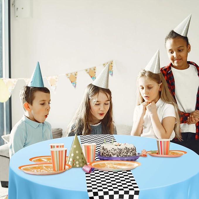 Oudain 6 Pcs Cars Birthday Party Supplies Racing Party Decorations Round Racing Tablecloth Checkered Flag Table Covers Road Plastic Table Cloth, 1950s Disco Dancing Party Tablecloth (Light Blue)