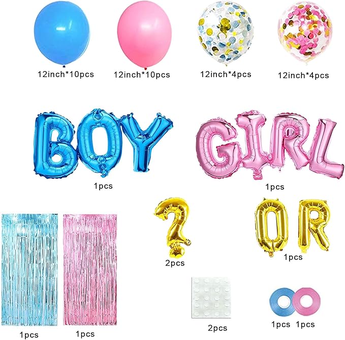 Gender Reveal Party Supplies Kit, Pink and Blue Balloons , Boy or Girl Foil Balloons, Tinsel Curtain, Gender Reveal Party Baby Photo Backdrop for Baby Shower Decorations