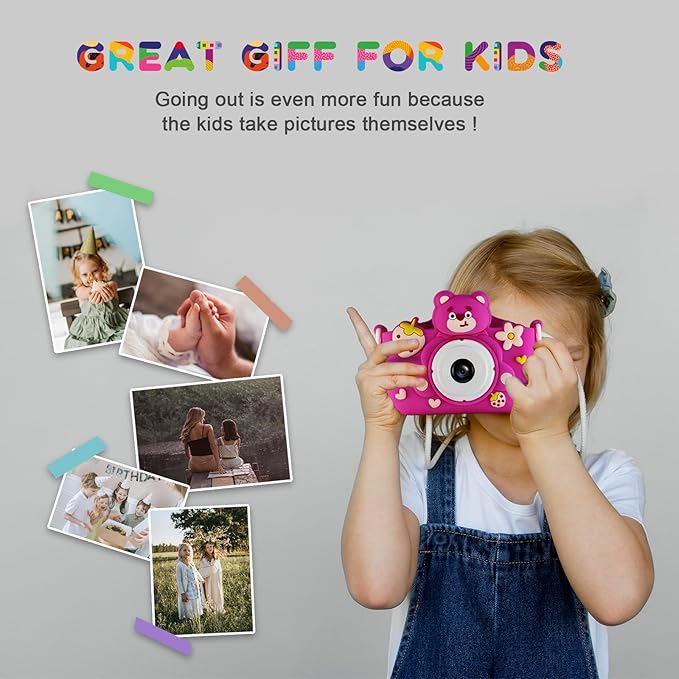 Kids Camera Toys,Kid Digital Camera for 6-12 Year Old Girls Boys,Selfie Kid Camera with Cartoon Soft Silicone Cover,HD Digital Video Camera for Kids - 32G SD Card Included (Pink)