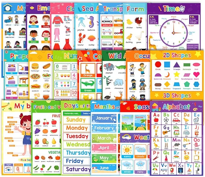 Lachilly 20 Sheets Fun Learning Poster Flash Cards - Perfect for Toddler Education, Pre-K and Kindergarten Learning Activities, Suitable for Autistic Children and Primary School Kids
