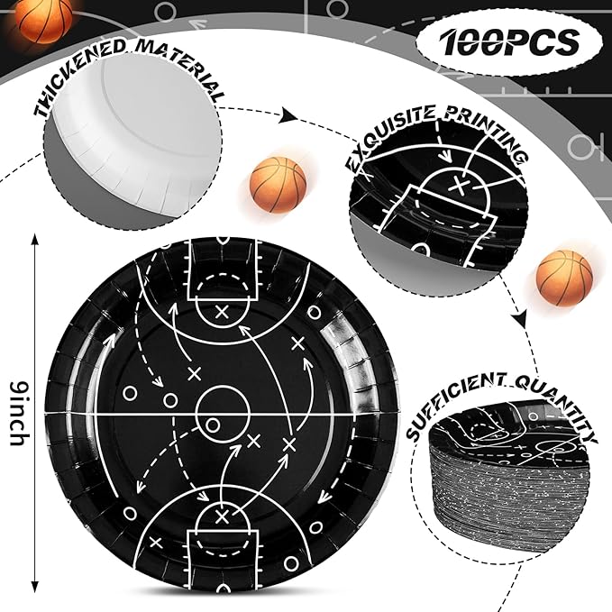 Qinyoung 100 Pcs Basketball Paper Plates 9" Disposable Birthday Party Plates Dinner Dessert Tableware Supplies for Basketball Sports Themed Birthday Game Day Party Decorations, Serves 50(Black)