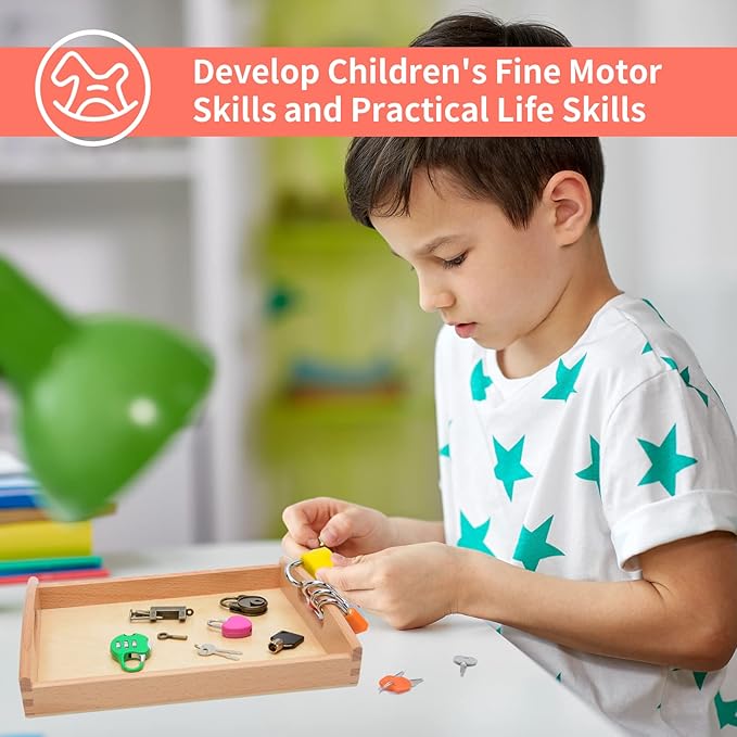 Montessori Lock and Key Set for Toddlers, Homeschool Preschool Learning Activities, Wooden Montessori Materials Learning & Education Toys for 3+ Year Old Kids
