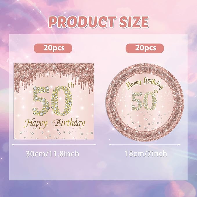 40pcs 50th Birthday Decorations for Women Rose Gold Fifty Year Old Party Supplies Include 50th Birthday Plates and Napkins Set 1976 50 Years Old Disposable Tableware Party Supplies for Girl Ladies