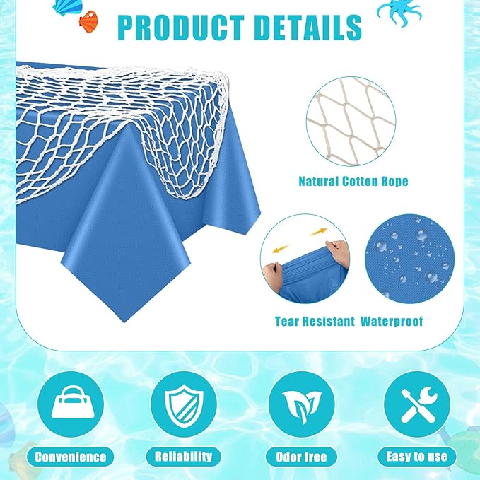 Unittype 8 Pcs Fish Net Decorative and Tablecloth Set, Cotton Fishnet and Plastic Table Cover Decorations Set for Nautical Themed Party Baby Shower Pirate Decorations Mermaid Party (Multiple Color)