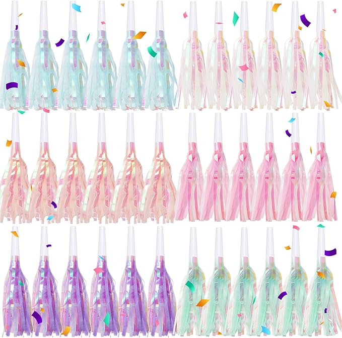 36 pcs Party Blowers, Noise Makers Glitter Metallic Fringed Party Horns for Birthday Blow Horns Graduation Sporting Favors Supplies