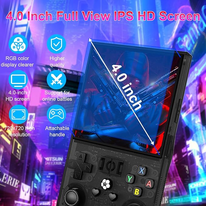 R36Max Retro Handheld Game Console,4-inch IPS OCA HD MIPI Screen, Open Source Linux System and 20000+ Games, Built-in 64GB TF Card Portable Video Gaming Console. (Black)