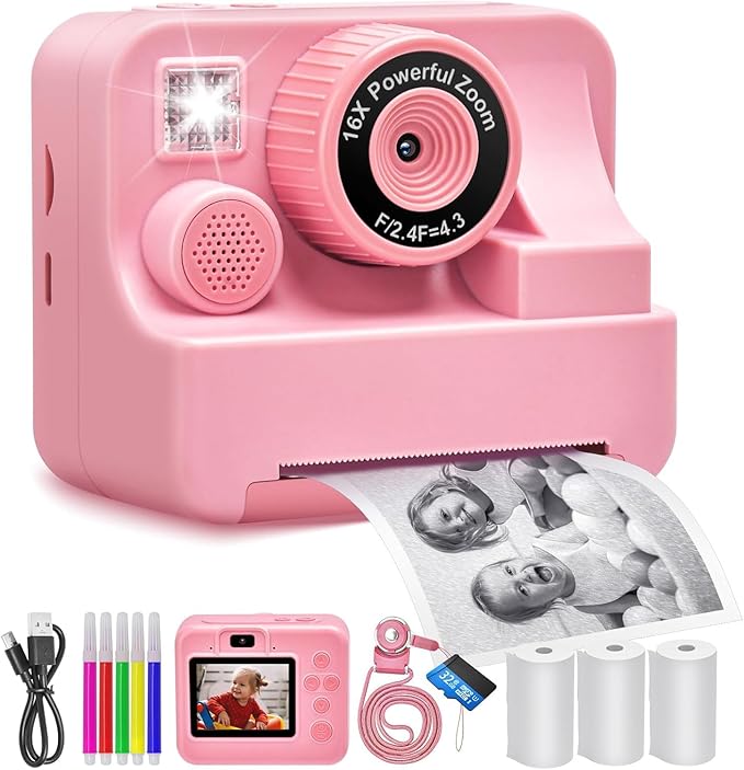Kids Camera Instant Print, Christmas Birthday Gifts for Kids Age 3-12, Selfie Digital Camera with 1080P Videos,Toddler Portable Travel Camera Toy for 4 5 6 7 8 9 Year Old Boys (Pink)