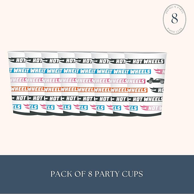 Bonjour Fete Hot Wheels™ x Paper Party Cups | Disposable Cups for Birthday Parties, Kids' Celebrations, and Car-Themed Events | Premium Party Supplies & Decorations | Pack of 8 | 9 oz size