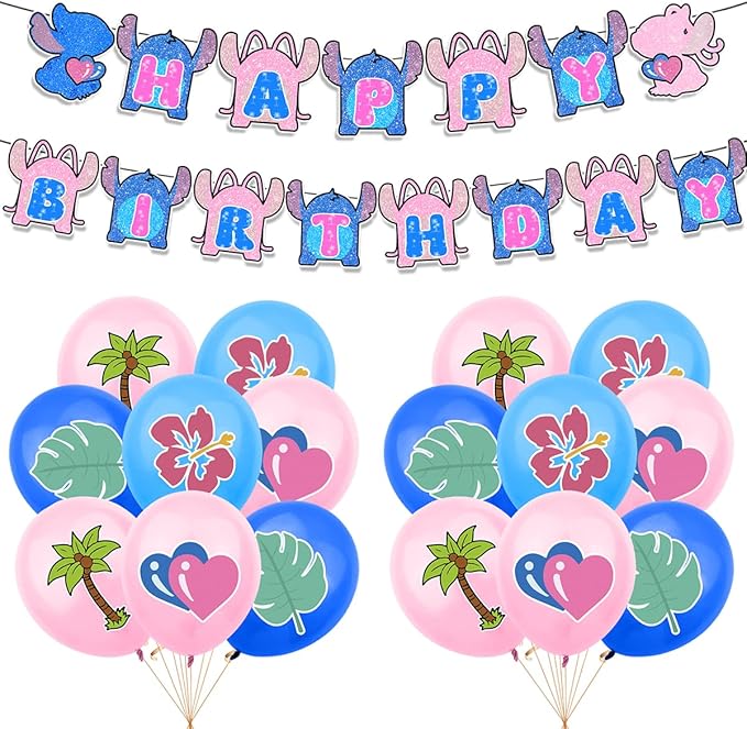 Cartoon Blue Birthday Decorations,Tropical Luau Party Supplies Includes banners,Balloons,Cupcake Toppers and Cake Toppers