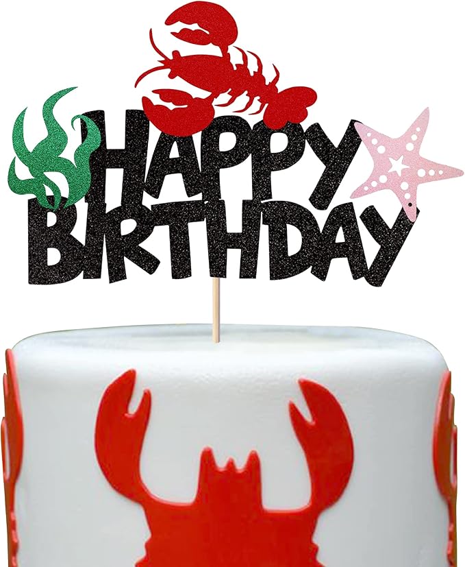 1 Pack Crawfish Happy Birthday Cake Topper Glitter Lobster Starfish Seaweed Theme Birthday Cake Pick for Baby Shower Birthday Ocean Party Cake Decoration Supplies Black