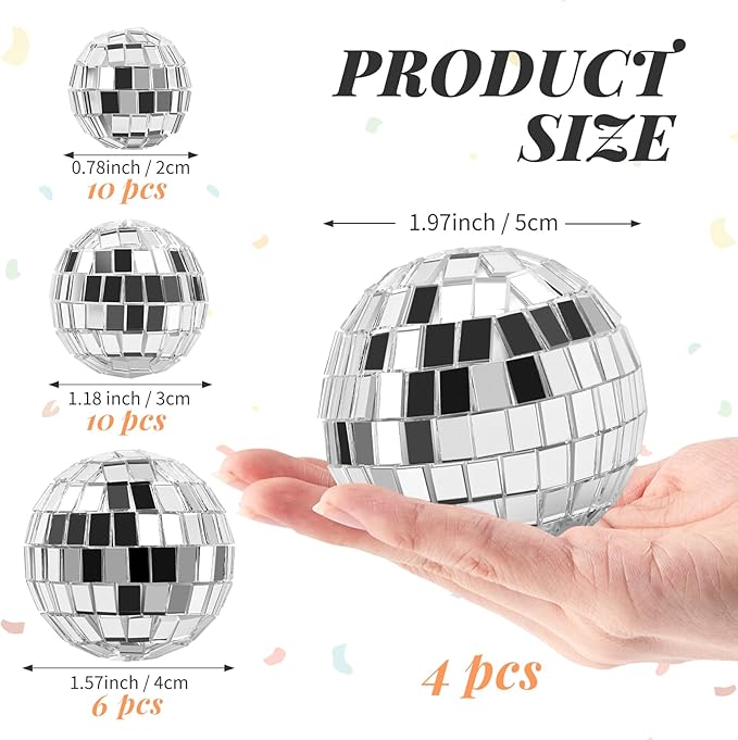 30 PCS Disco Balls Cake Decoration, Small Silver Reflective Mirror Ball Disco Table Decor 70s Disco Themed Party Supplies for Festive, 4 Sizes