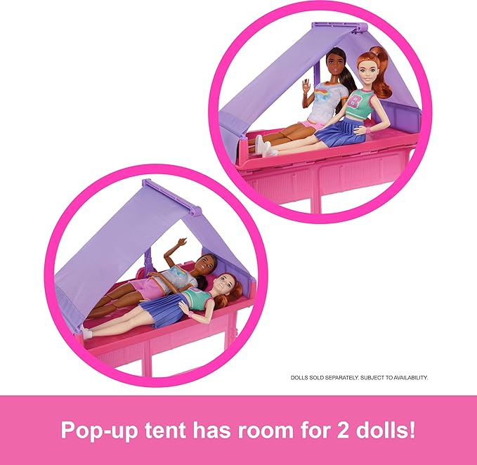 Barbie Dream Camper Playset with Roof Tent, Swing Chair, Fishing Pond, BBQ Grill with Color-Change Feature & 60+ Accessories Including Dough