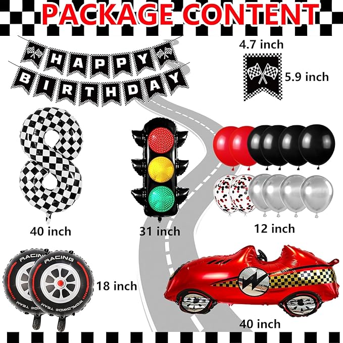 Race Car Birthday Party Decorations, with 40 Inch Number 8 Balloon, Happy Birthday Banner, Traffic Light and Foil Tire Balloon for 8th Car Themed Birthday Party Supplies
