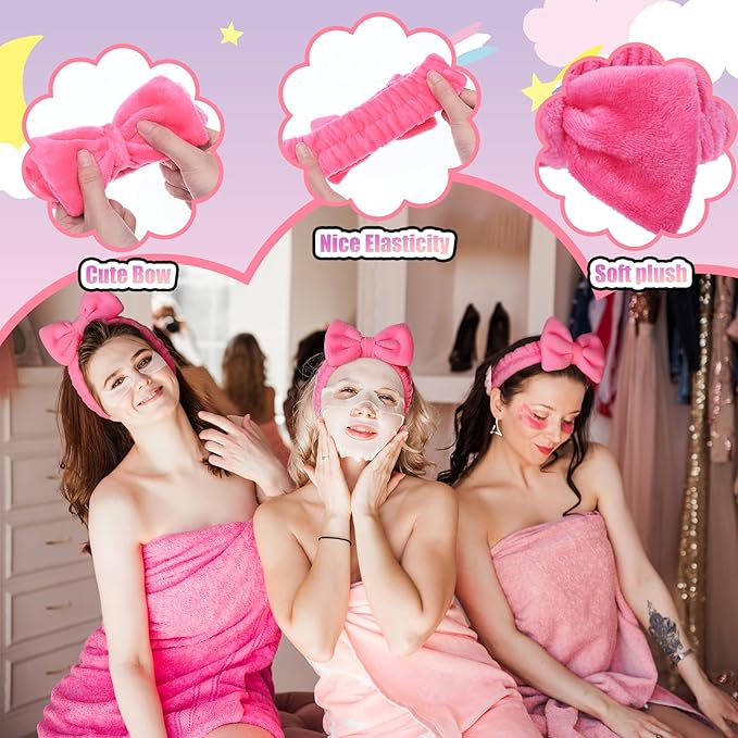 48 Pcs Spa Sleepover Party Supplies 12 Bow Headband 12 Plush Sleep Eye Mask Covers 12 Pair Fuzzy Sock 12 Gift Bags for Sleeping Sleepover Slumber Baby Shower Wedding Party Gift(Rose Red)