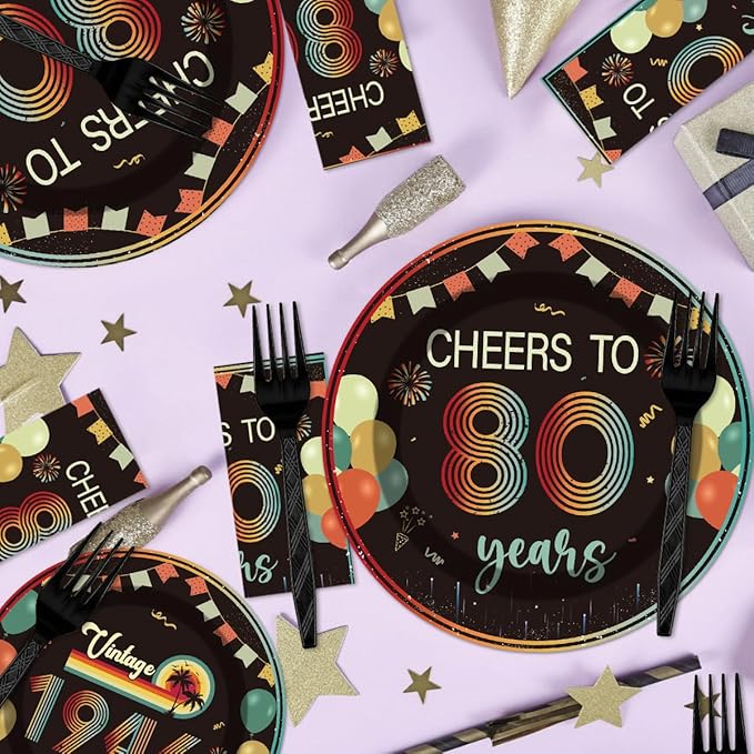 96Pcs Vintage 80th Birthday Decorations Tableware Set Back in 1946 Paper Plates Napkins Forks Cheers to 80 Years Disposable Tableware Decor for Women Men 80th Birthday Party Favor Serve 24 Guests