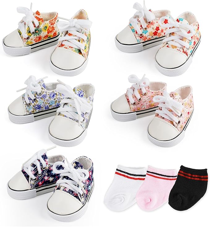 BABESIDE 18 Inch Baby Doll Shoes Sets with Socks for Dolls, 5 Pairs of Dolls Canvas Shoes with 3 Pair of Socks for 18 Inch Baby Doll Accessories, Floral Patterns