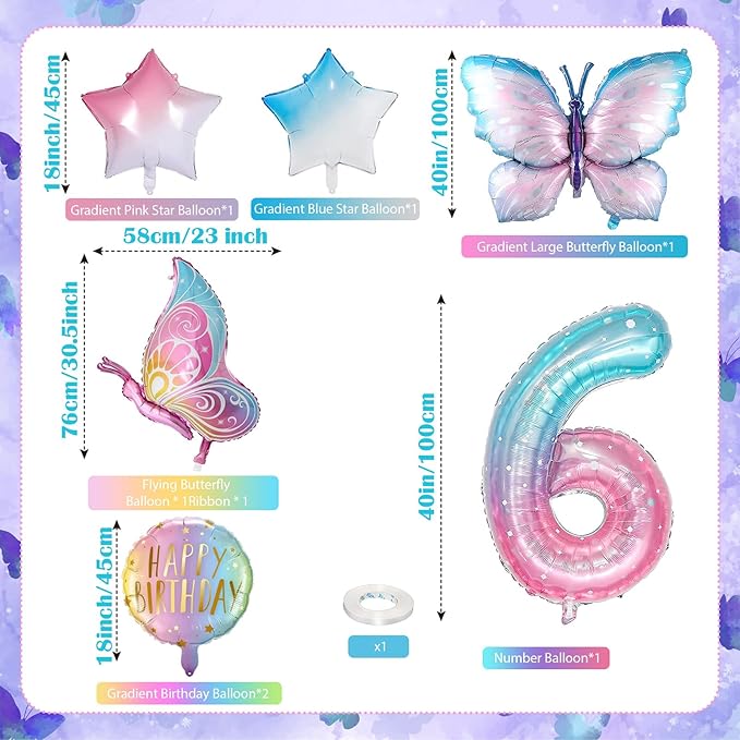 Butterfly Balloons - 6th Birthday Decorations for Girls, Gradient Pink Colorful Foil Balloons, Giant Number 6 Mylar Balloon, Butterfly Theme Party Supplies