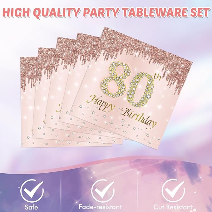 41PCS 80th Birthday Decoration for Women Rose Gold 80 Years Birthday Paper Plates and Napkins Set 80th Birthday Tablecloth for 1946 Decor Cheers to 80 Years Old Birthday Party Favors