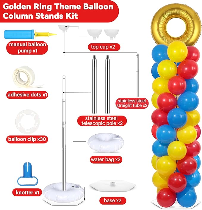 2 Sets Cartoon Hedgehog Balloon Column Stand Kit with 102 Balloons Golden Ring 5.57ft Adjustable Balloon Tower Stand with Golden Ring Balloons Arch Column for Hedgehog Theme Birthday Party Supplies