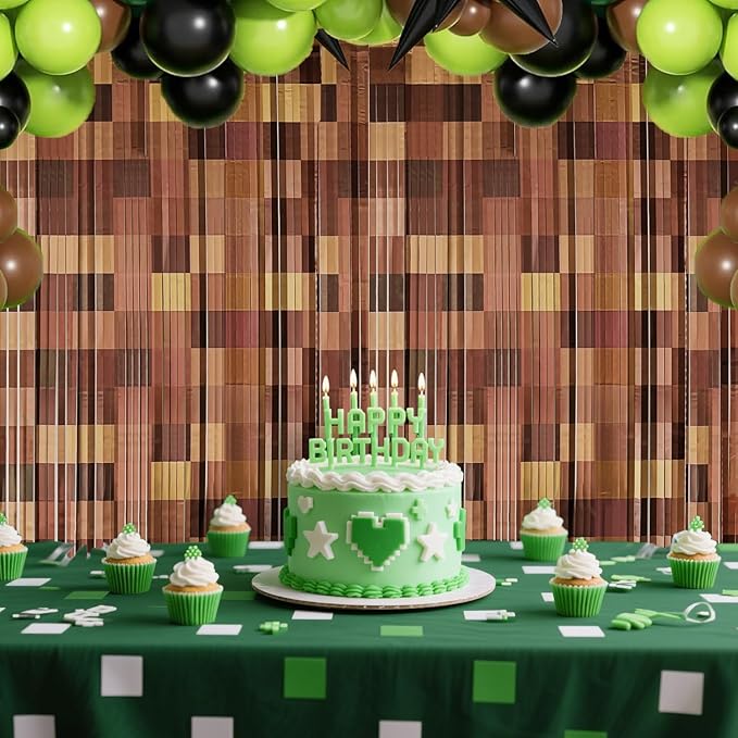 2 Pack Brown Foil Fringe Curtains Birthday Decorations Pixel Tinsel Backdrop, 3.2x6.6ft Video Game Door Streamers Gamer Birthday Party Decorations Supplies Favors