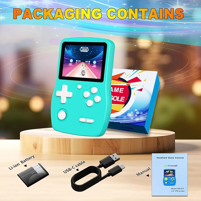32 Bit Handheld Game for Kids Preloaded 139 Retro Video Games, 3.0'' IPS Screen and Rechargeable Battery Portable Gaming System, Mini Travel Electronic Toy Gifts for Boys Girls (Cyan)