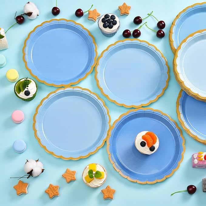 48 Pcs Blue Scalloped Party Paper Plates, 9 Inch Cute Blue Disposable Dessert Baby Bridal Shower Dinner Birthday Cake Paper Plates for Party Bridal Baby Girl Shower Wedding Supplies