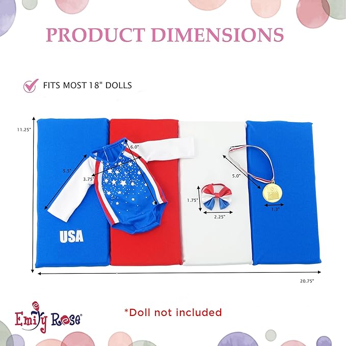 Emily Rose 18" Doll Gymnastics Outfit 5-Piece Set - Bejeweled Athletic Gymnast Leotard, Medal, Hair Bow, Mat, & Reuseable Stickers | American Girl Compatible | Trusted USA Brand | NO Doll