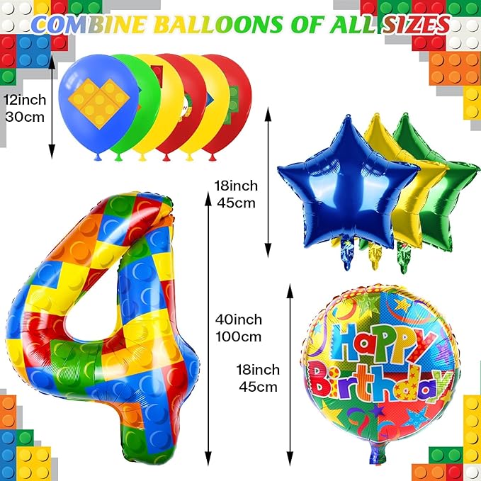 40 Inch Building Block Number Balloon, Colorful Number Block Foil Balloons Large Big Numbers Helium Balloon for Girls Boys 4th Birthday Brick Theme Party Decorations (Number 4)