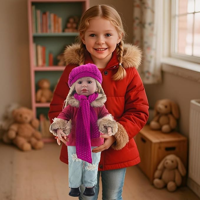 American 18 Inch Doll Clothes Set, 5-PC Fashion Red Winter Coat Set Includes Warm Coat, Shirt, Jeans, Pink Knit Hat & Knit Scarf, Outfits Casual Wear(Doll NOT Included)
