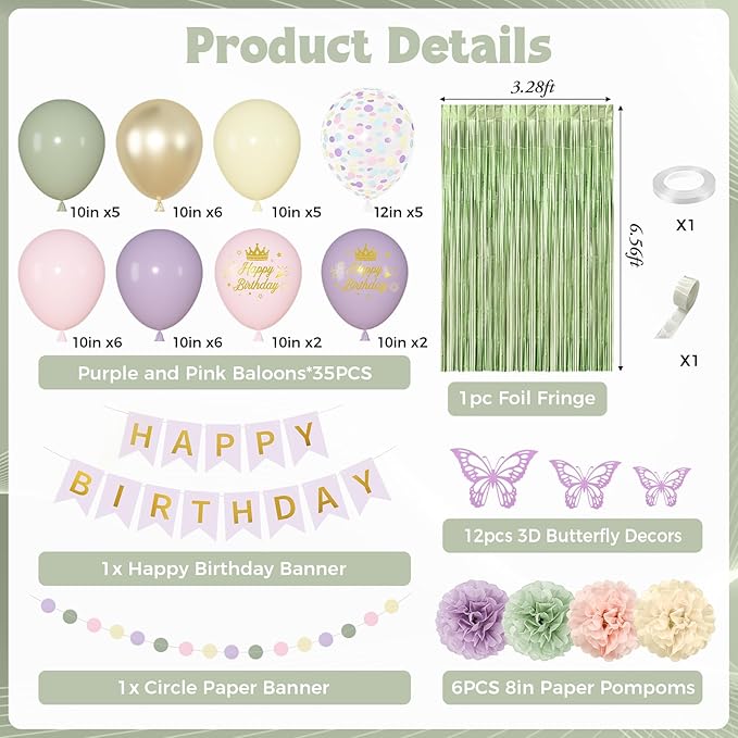 Fairy Birthday Decorations for Women Girls, Lavender Green Pastel Pink Yellow Metallic Printed Balloons Butterfly Stickers Fringe Curtain Happy Birthday Banner Circle Dot Paper Pompom Party Supplies