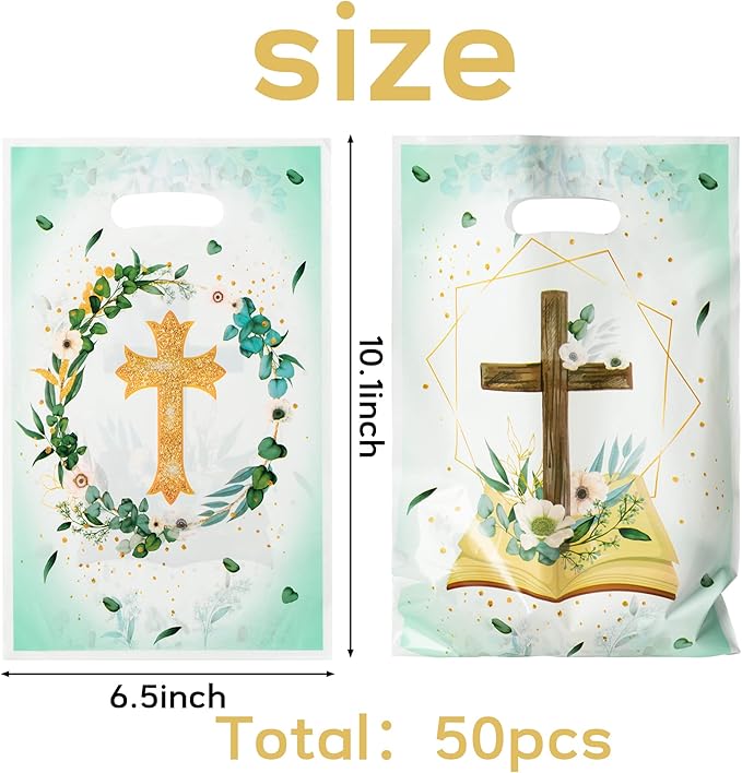 50Pcs Cross Party Favor Bag Baptism First Communion Waterproof Goodie Bag with Die Cut Handles God Bless Church Religious Plastic Gift Bags for Kids Birthday Baby Shower Decoration Supplies