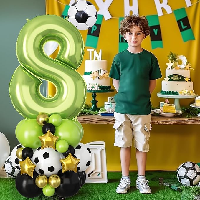 Green Number 8 Balloon Soccer 40 Inch Number Eight Foil Balloons Tower Set for Boys 8th Birthday Party Decorations Giant Large Digital Aluminum Balloons Stack for Football Lover World Sports Game