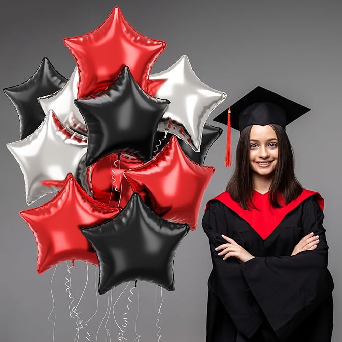 Black Red Star Balloons, 18 Inch 12Pcs Black Red and Metallic Silver Star Shape Foil Balloon, Large Helium Pentagram Balloons for Kids Birthday Casino Racing Car Poker Theme Halloween Party Decor