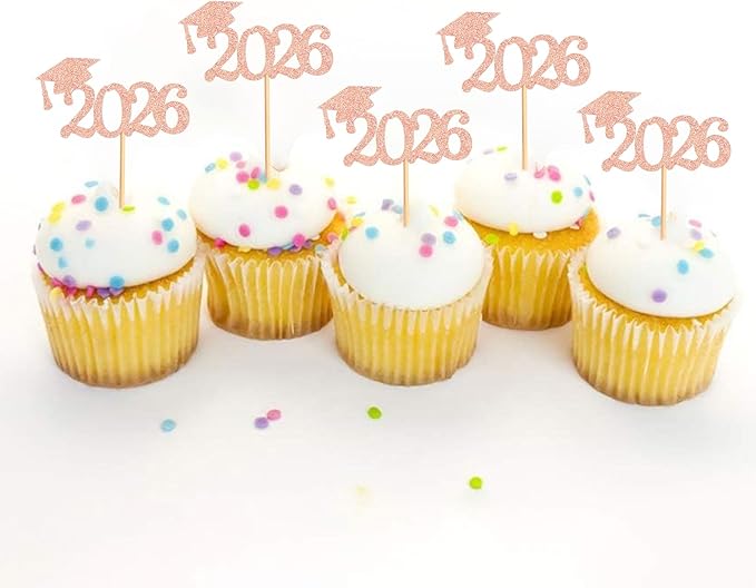 24 Pcs graduation cupcake toppers 2026, Food/Appetizer Picks For Graduation Party Mini Cake Decorations, 2026, Cupcake Toppers(Rose gold)