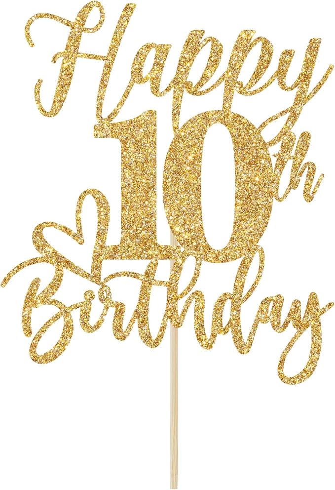 Happy 10th Birthday Cake Topper, 10th Birthday Decorations, Double Digits, Hello 10, 10th Happy Birthday Party Supplies Gold Glitter