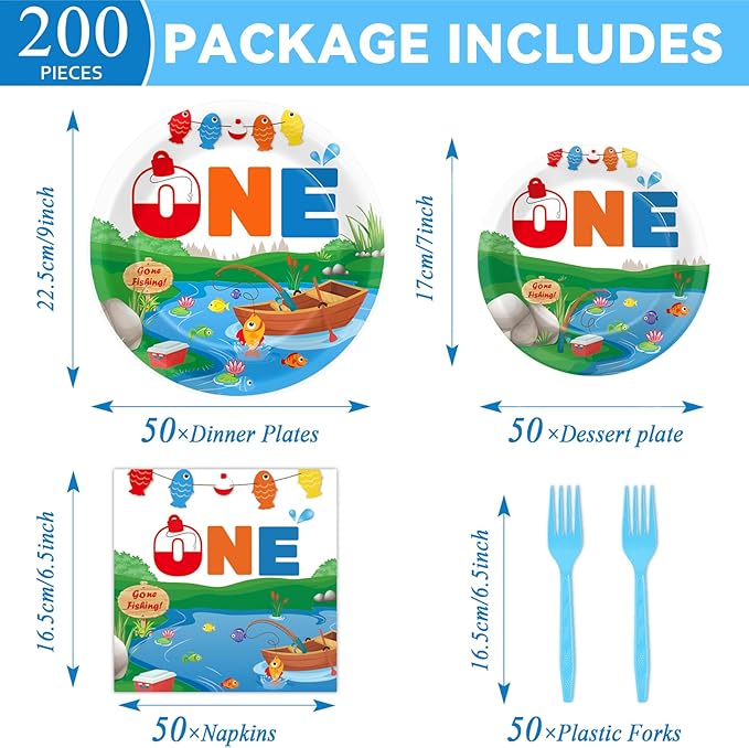 50 GuestsGone Fishing Plates and Napkins Party Supplies Ofishally One Birthday Party Decorations Disposable Tableware Set The Big One Dinnerware Favor for Kids Boys Girls, 200PCS