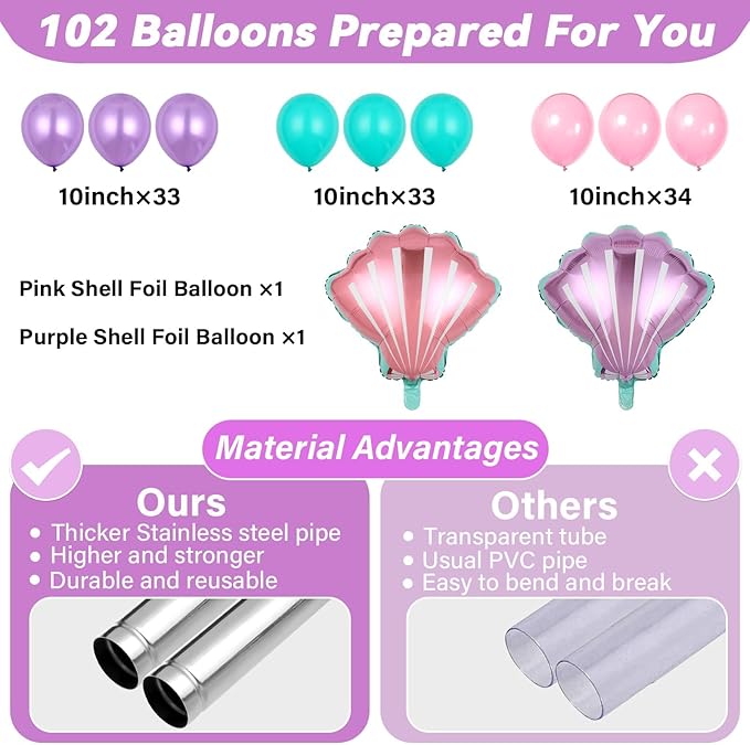 2 Sets Mermaid Party Balloon Column Stand Kit with 102 Balloons Beach Mermaid 5.57ft Adjustable Balloon Tower Stand with Bases Sea Shells Balloons Arch Column for Girl Princess Birthday Party Supplies