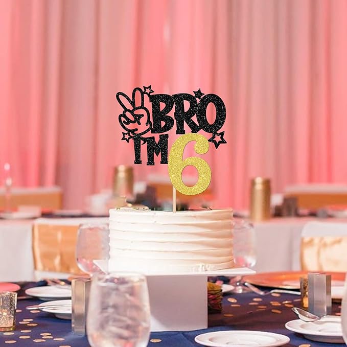 1 PCS Brother I'm 6 Cake Topper Glitter Star Happy 6th Birthday Cake Pick Bro I'm 6 Cake Decoration It's My 6th Birthday Decorations for Boys Cheers to 6 Years Old Birthday Party Supplies Gold