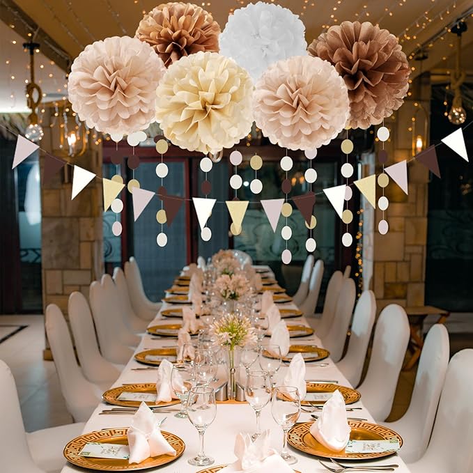 Boho Baby-Shower White-Brown Champagne Party-Decorations - 28pcs Neutral Birthday Wedding Bridal Tissue Pom Poms Streamers, Fall Autumn Tassel Garland Banner, Engagement Christmas Decor Ouruola