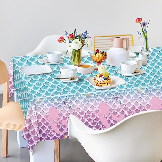 4 Pack Mermaid Tablecloth Mermaids Laser Table Cover for Girls Mermaid Birthday Party Decorations, 108x54 Inch
