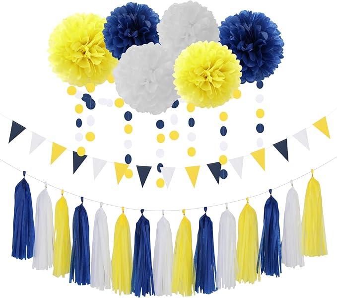 Navy-Blue White-Yellow Graduation Party Decorations - 23pcs Tissue Pom Poms Streamers,Birthday Tassel Garland Banner,Wedding Engagement Baby Bridal Shower Decor Ouruola