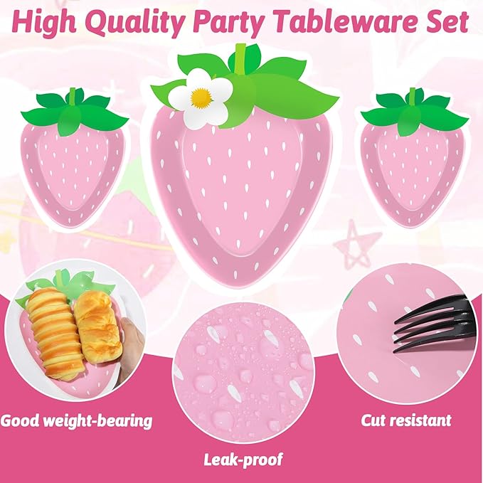 50 Count Strawberry Party Paper Plates Pink Strawberry Theme Shortcake Dessert Cake Disposable Plates for Party Birthday Parties Weddings Baby Showers Decorations Supplies