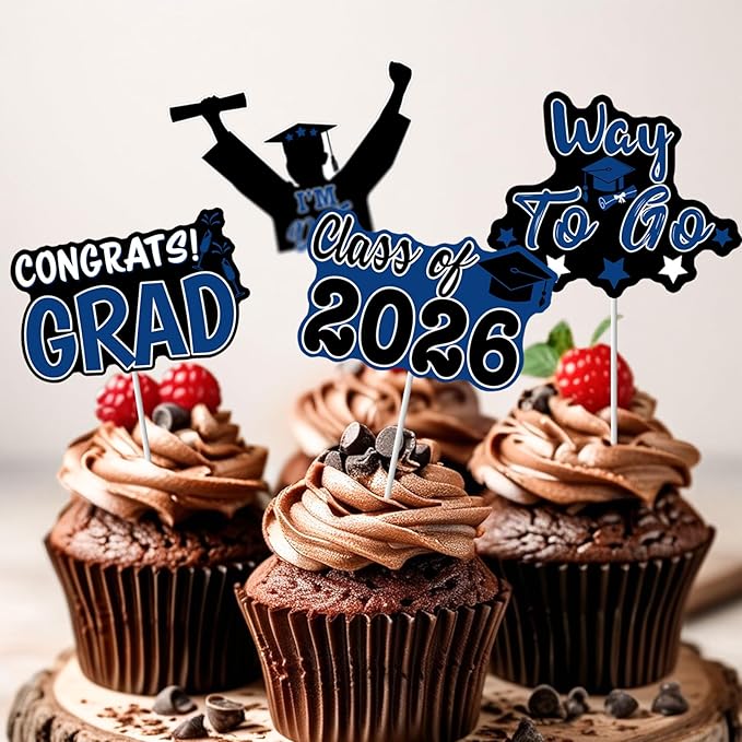 2026 Graduation Cupcake Toppers - 48 Pcs Blue Graduation Party Supplies Mini Cake Food/Appetizer Picks For Class of 2026 Graduation Decorations
