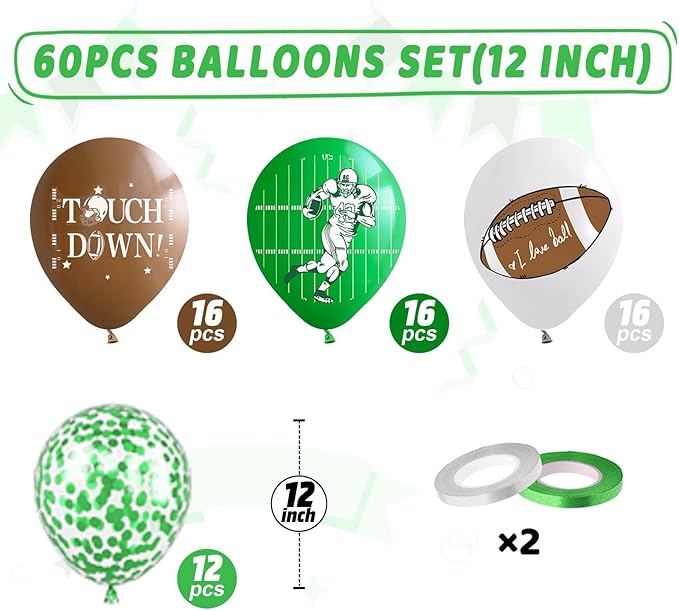 Football Balloons,60Pcs 12 Inch Green Brown White Green Confetti Football Party Balloons for Boy Football Birthday Sport Party Decorations Sports Baby Shower Graduation Party Supplies