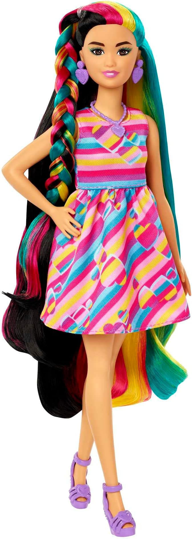 Barbie Totally Hair Doll, Heart-Themed with 8.5-inch Fantasy Hair & 15 Styling Accessories (8 with Color-Change Feature)