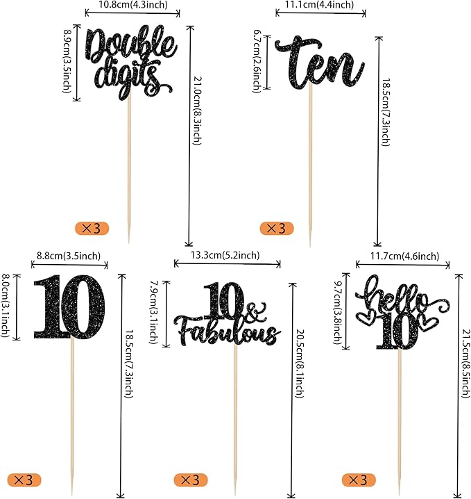 15PCS Happy 10th Birthday Centerpiece Sticks Ten Hello 10 Cheers to 10 Birthday Table Flower Centerpieces Sticks Double Digits 10 Fabulous Floral Decoration for 10th Birthday Party Centerpieces Black
