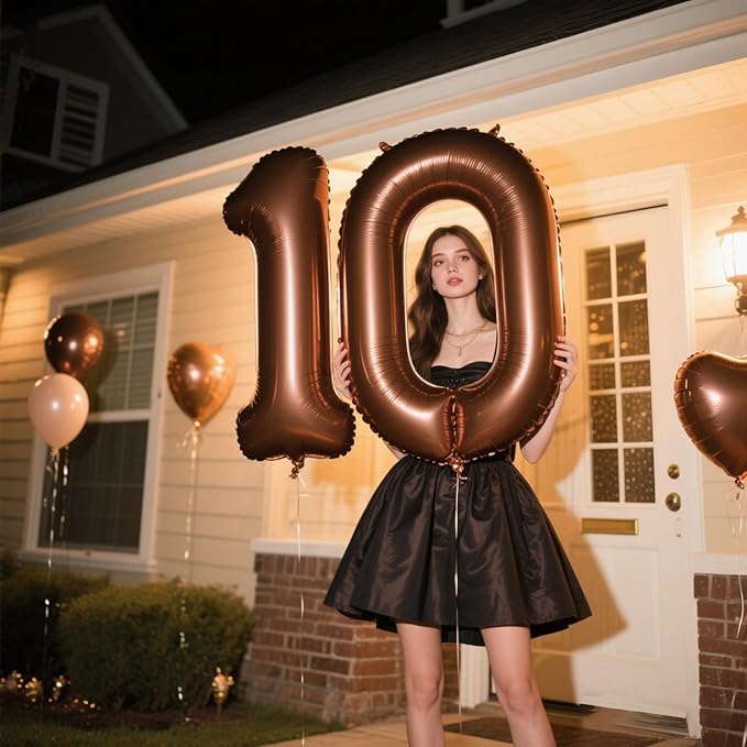 40 Inch Dark Brown Balloon Number 10,Chocolate Jumbo Mylar Foil Helium Balloon for 10th Digital Balloons for Birthday Party,Wedding Anniversary Party Decorations