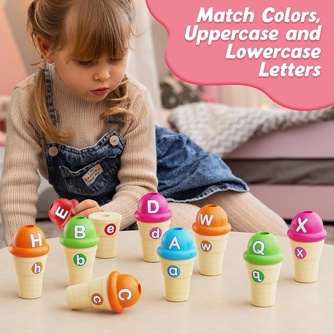 Alphabet Learning Toys,Ice Cream Toys Play Set,ABC Learning for Toddlers Kids,Matching Letter Game,Color Sorting,Montessori Fine Motor Stacking Toys,Kindergarten Preschool Learning Activities