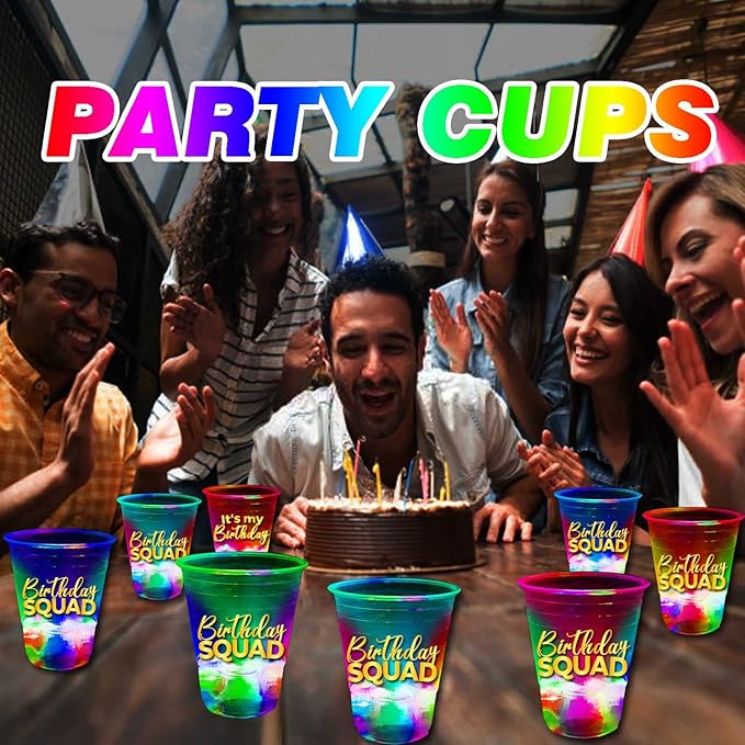 mishunyus 40 Pack Glow Birthday Squad Cups 16oz - Reusable Light Up Party Cups for Adult Birthdays 21st, 30th, 40th, 50th, 60th Theme Decorations Supplies, Night Club Party Favors
